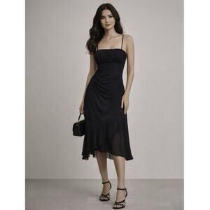Y2K Black Mesh Midi Dress Bustier Spaghetti Strap Asymmetric Hem Whimsigoth Prom